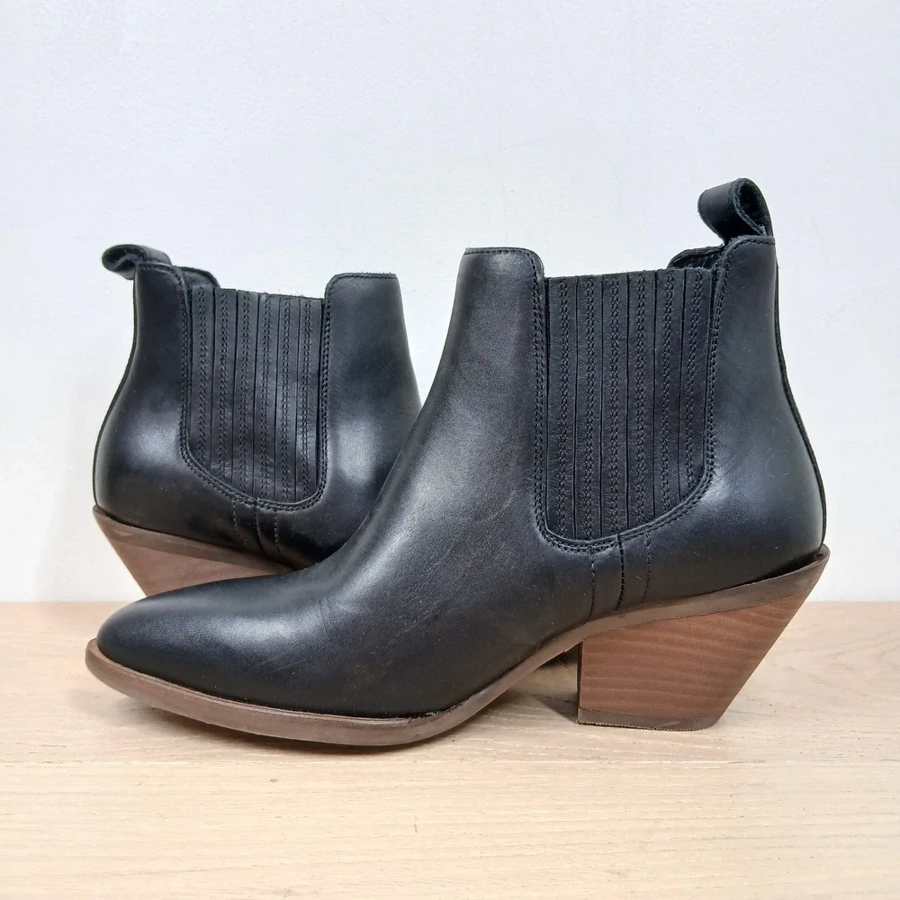 Patina Ankle Boots Women 6 Black Leather Pointed Toe Western Chelsea Block Heel